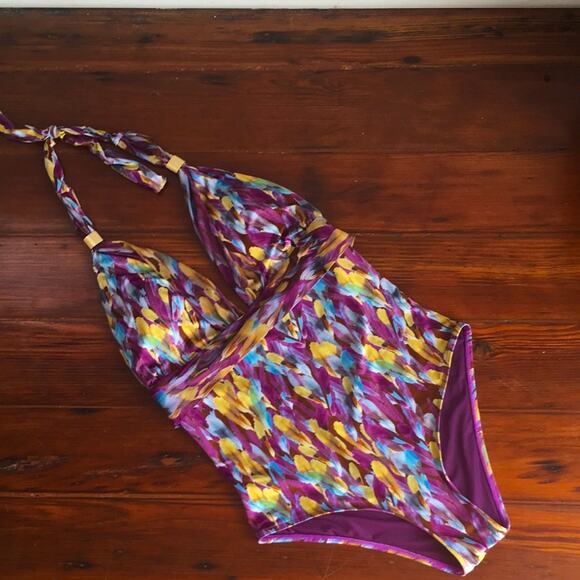 Toque d’ Sol halter feather print traingle top one piece sz M - Picture 1 of 8